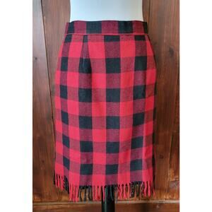 Vintage Savion Women 6P Buffalo Plaid Fringe Skirt Red Black Checkered Wool Chic